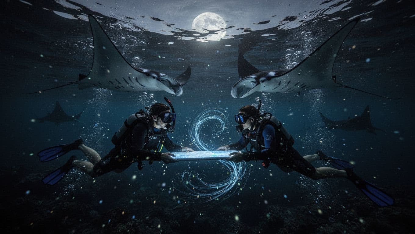 Graceful giant manta rays glide and somersault near two snorkelers in the dark Pacific Ocean at night, with plankton attracted by blue underwater lights off the volcanic coast of Kona, Hawaii.