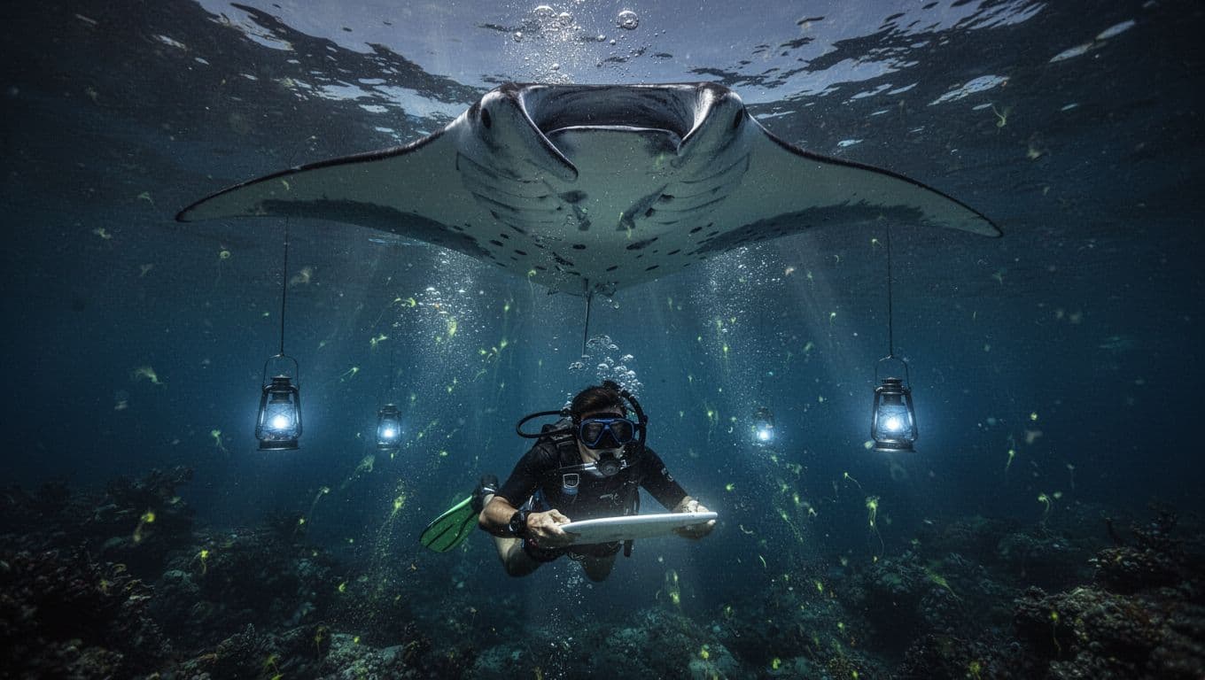 A snorkeler gently floats face-down near a massive manta ray in nighttime ocean waters off Kona, Hawaii, with soft glow from surface lights attracting plankton and dramatic blue-toned underwater lighting.