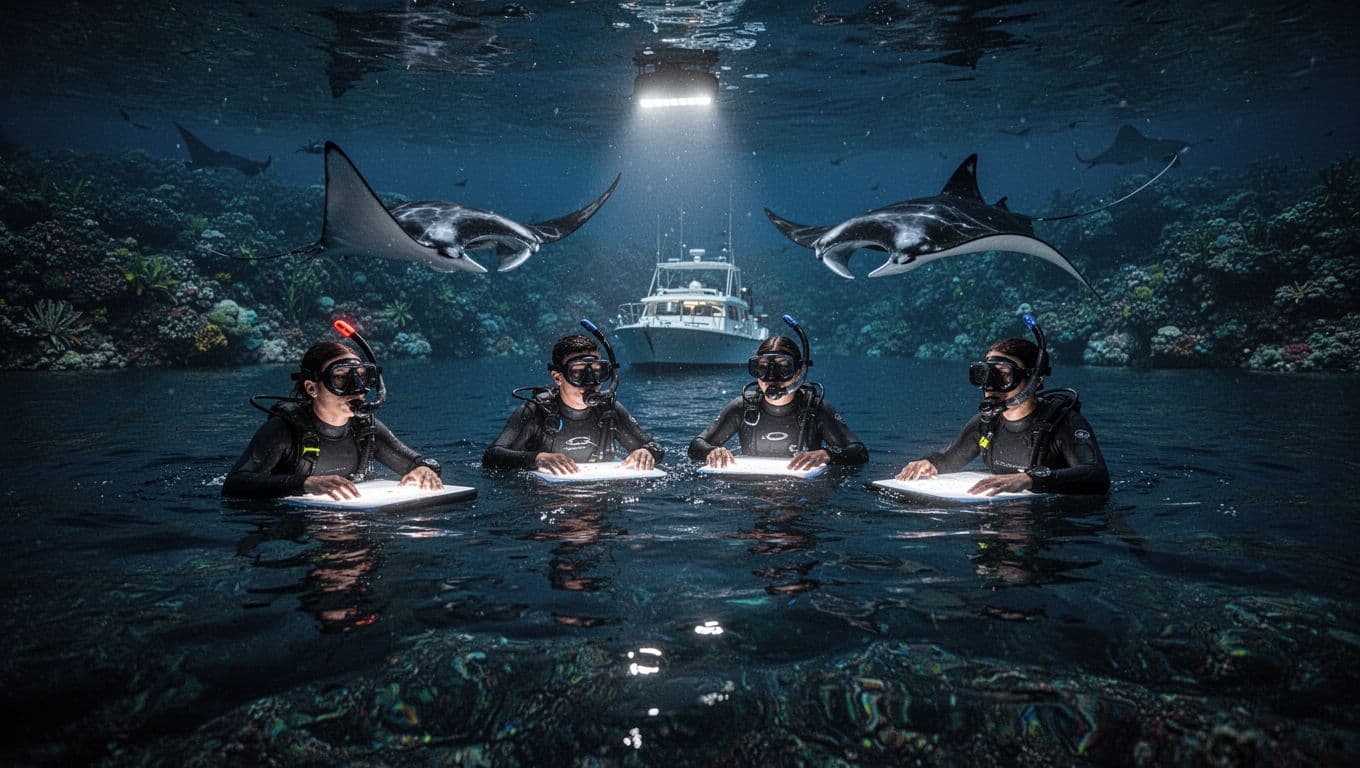Four relaxed snorkelers float in calm night waters off Kona, Hawaii, with two large manta rays gliding gracefully nearby, illuminated by soft boat lights creating a magical glow and dramatic underwater lighting.
