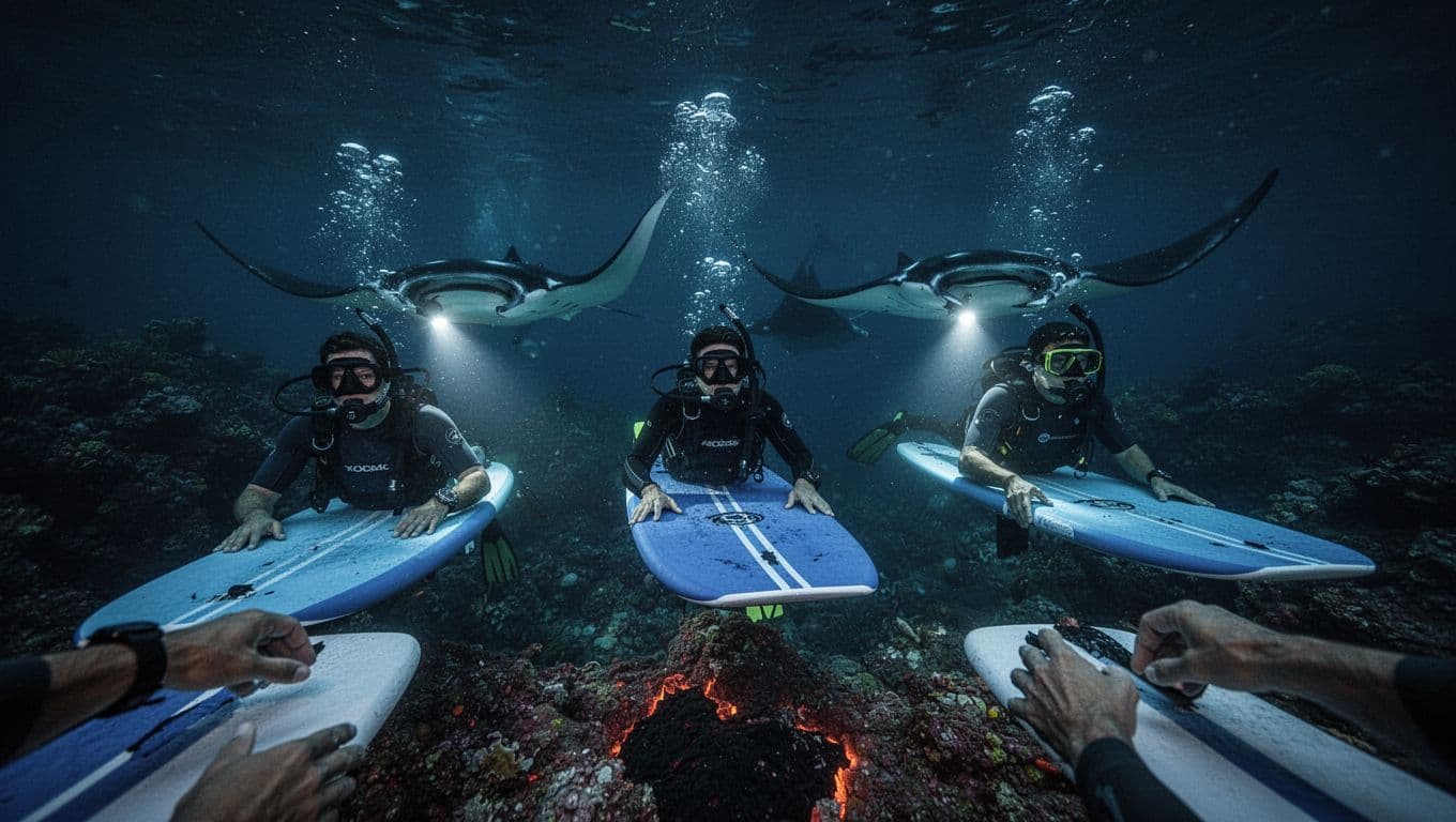 Graceful manta rays glide close to three snorkelers holding floating boards in dark ocean waters, illuminated by bright blue underwater lights over a volcanic reef.