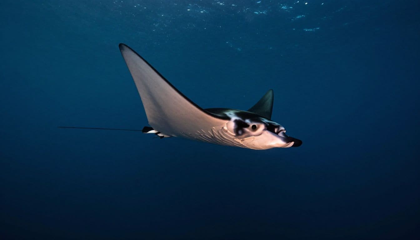 A giant manta ray glides through dark blue water under warm lights.