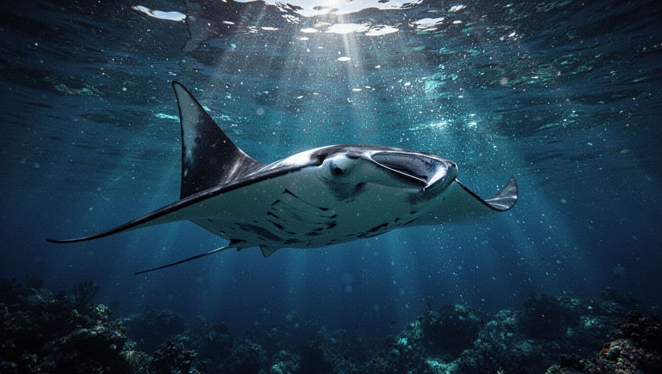 A graceful manta ray swims through glowing blue ocean water at night.