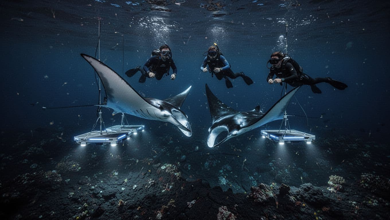 Giant manta rays somersault underwater at night off Big Island, lit by blue lights on boards, two snorkelers watch above dark volcanic reef.