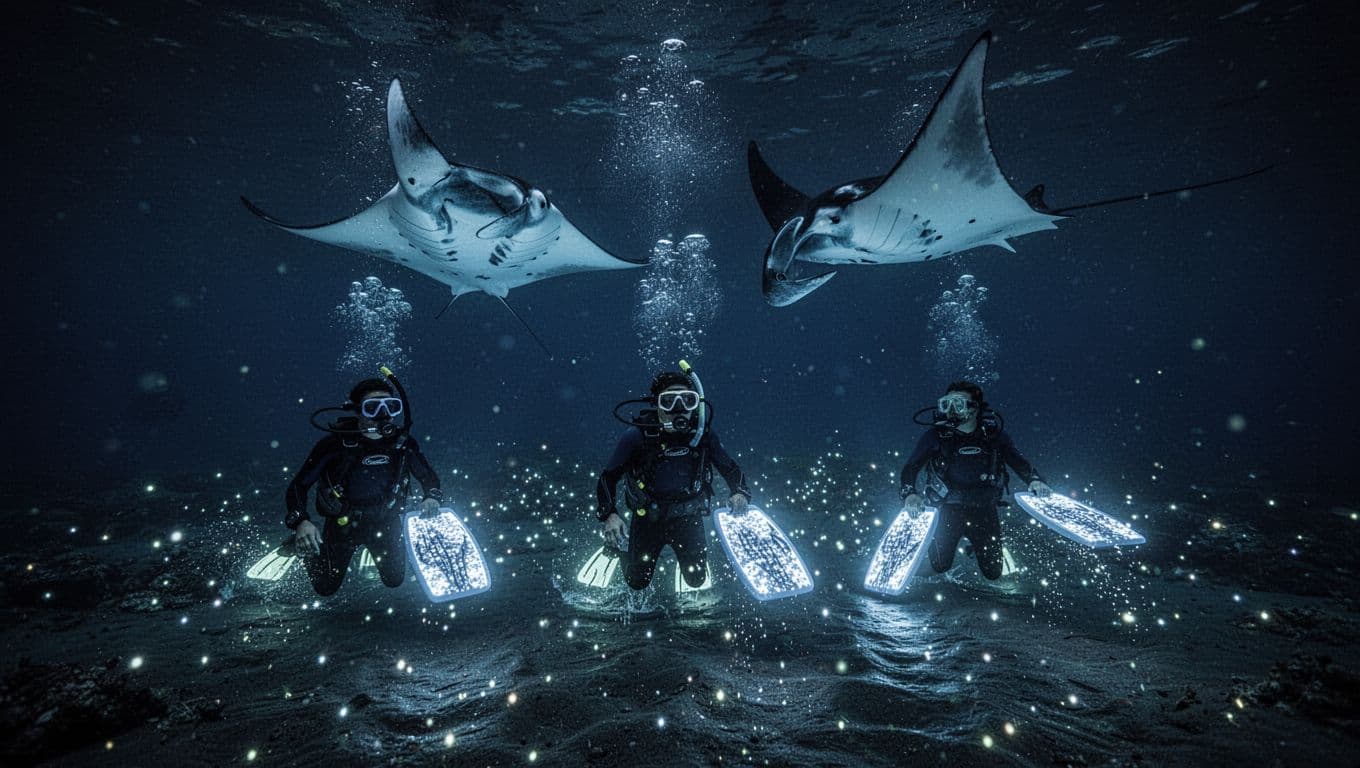 Three snorkelers float on surface with lighted boards as two manta rays somersault overhead in dark ocean with blue glows.