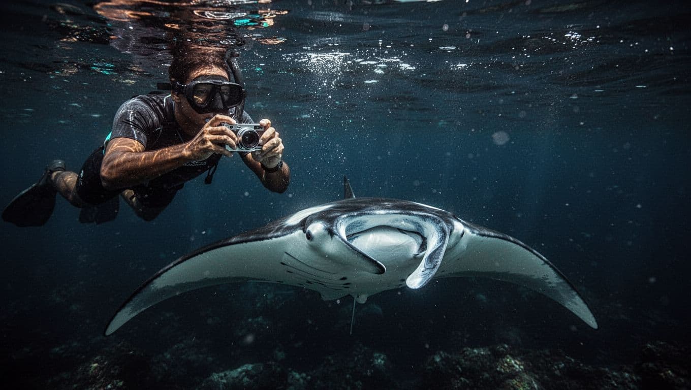 A snorkeler films a manta ray from a safe distance in dark ocean water.