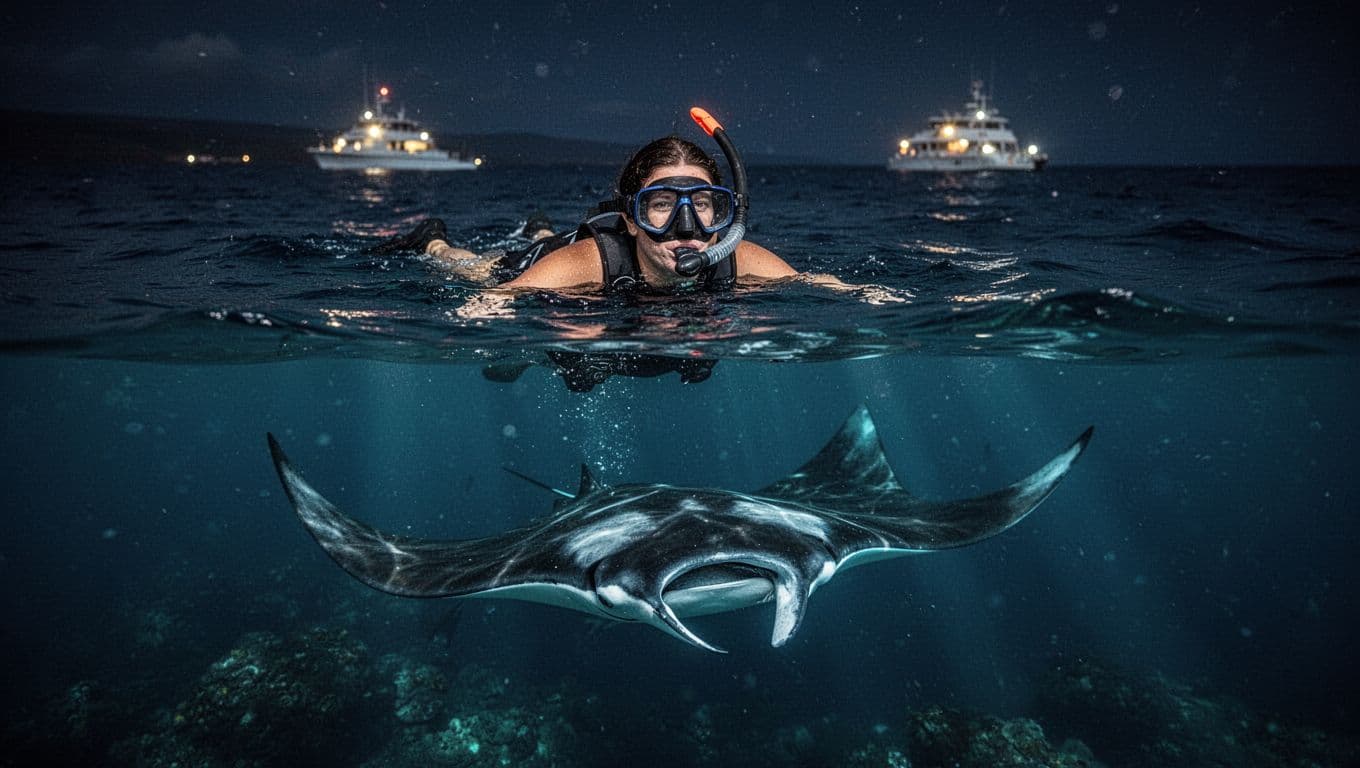A snorkeler floats above a manta ray in dark ocean water at night.