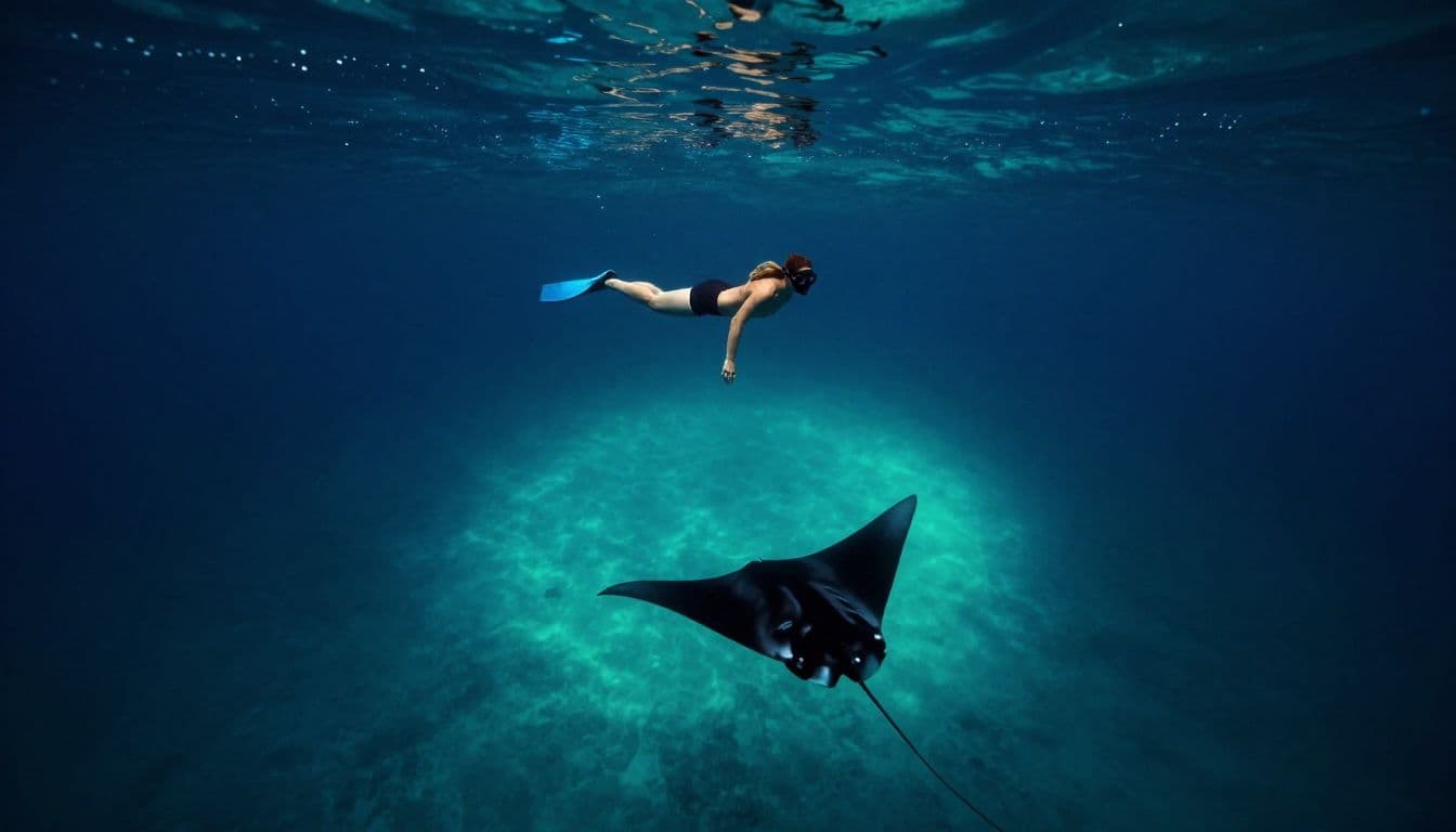 One snorkeler floats above a manta ray in glowing nighttime Hawaiian water.