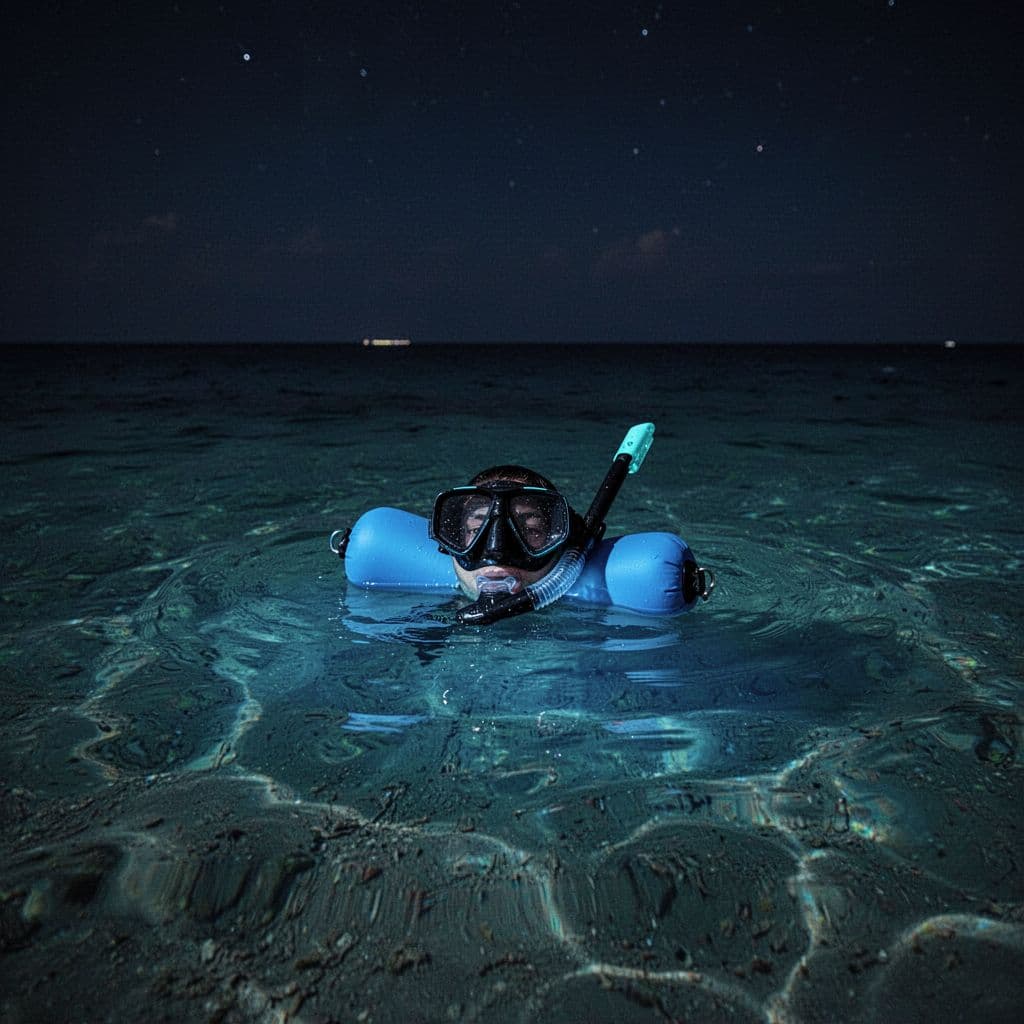 A dark ocean surface glows with ethereal blue light emanating from beneath the waves. A floating snorkel device rests on the rippling surface, illuminated by deep cyan tones and high-contrast shadows.