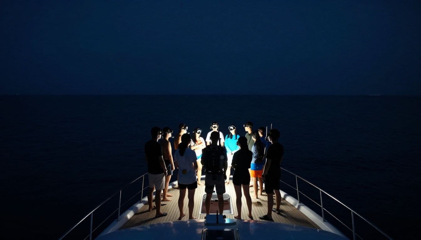 Silhouetted figures stand on a boat deck at night, illuminated by soft cyan accent lights. The dark, calm ocean reflects the subtle glow of the vessel against the deep horizon.