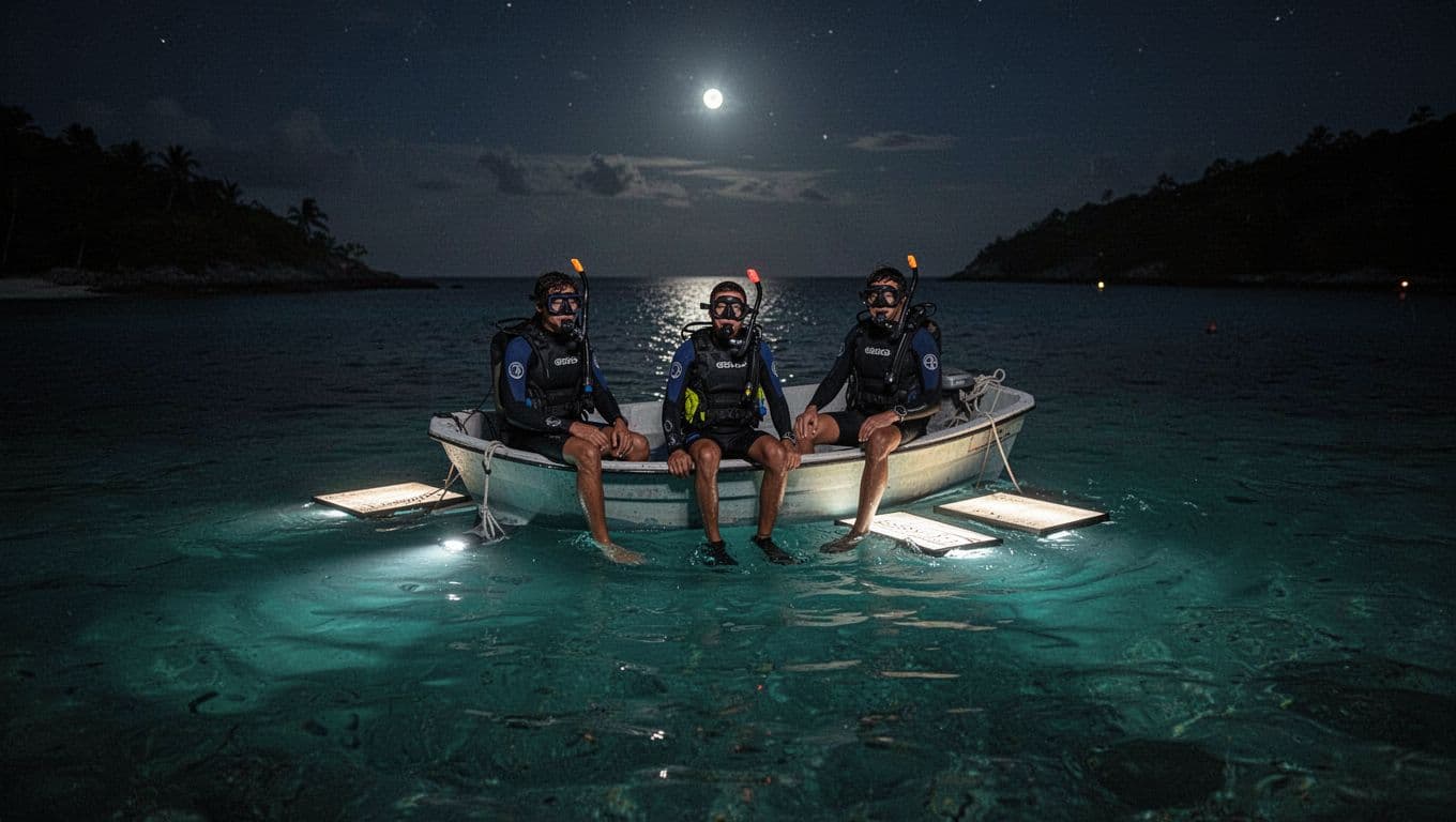 Three snorkelers float in dark water near a boat illuminated by vibrant cyan underwater lights.