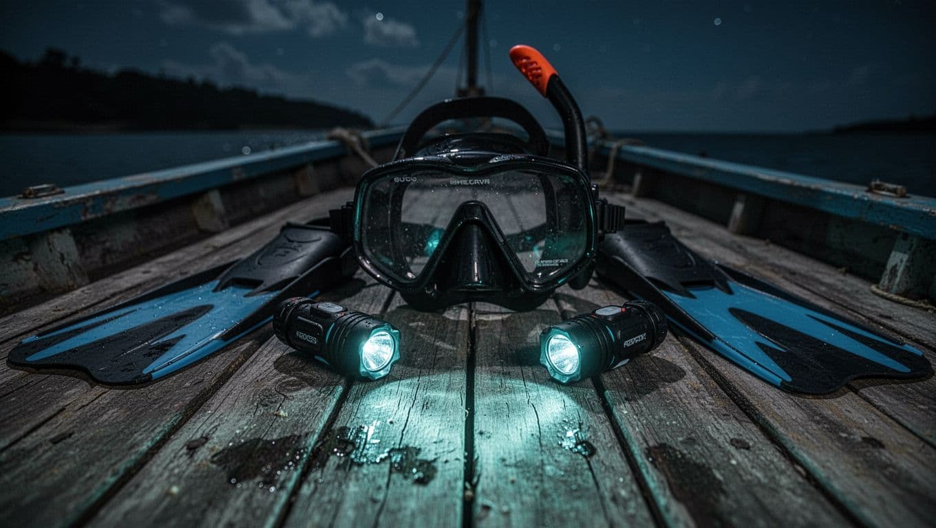 Snorkel gear and dive lights arranged on a wooden boat deck at night.