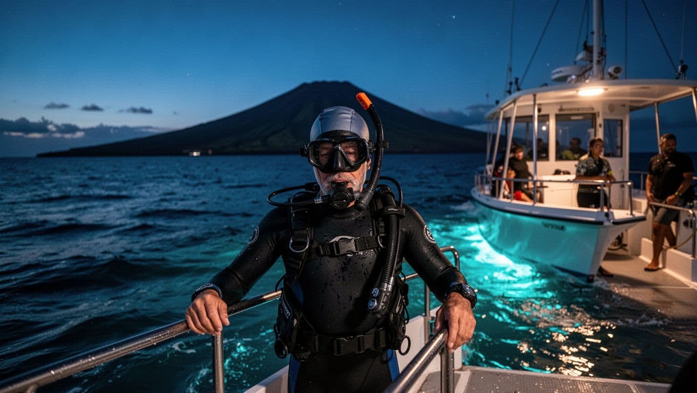 A snorkeler in a swim cap beside a boat at blue hour on the Kona coast.