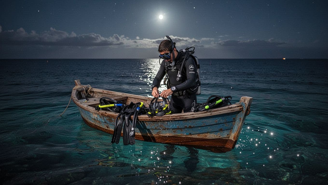 A snorkeler sits on a boat deck at night, fastening a mask strap with care. Glowing cyan light reflects off the dark ocean waves, highlighting the scuba fins and breathing tubes.