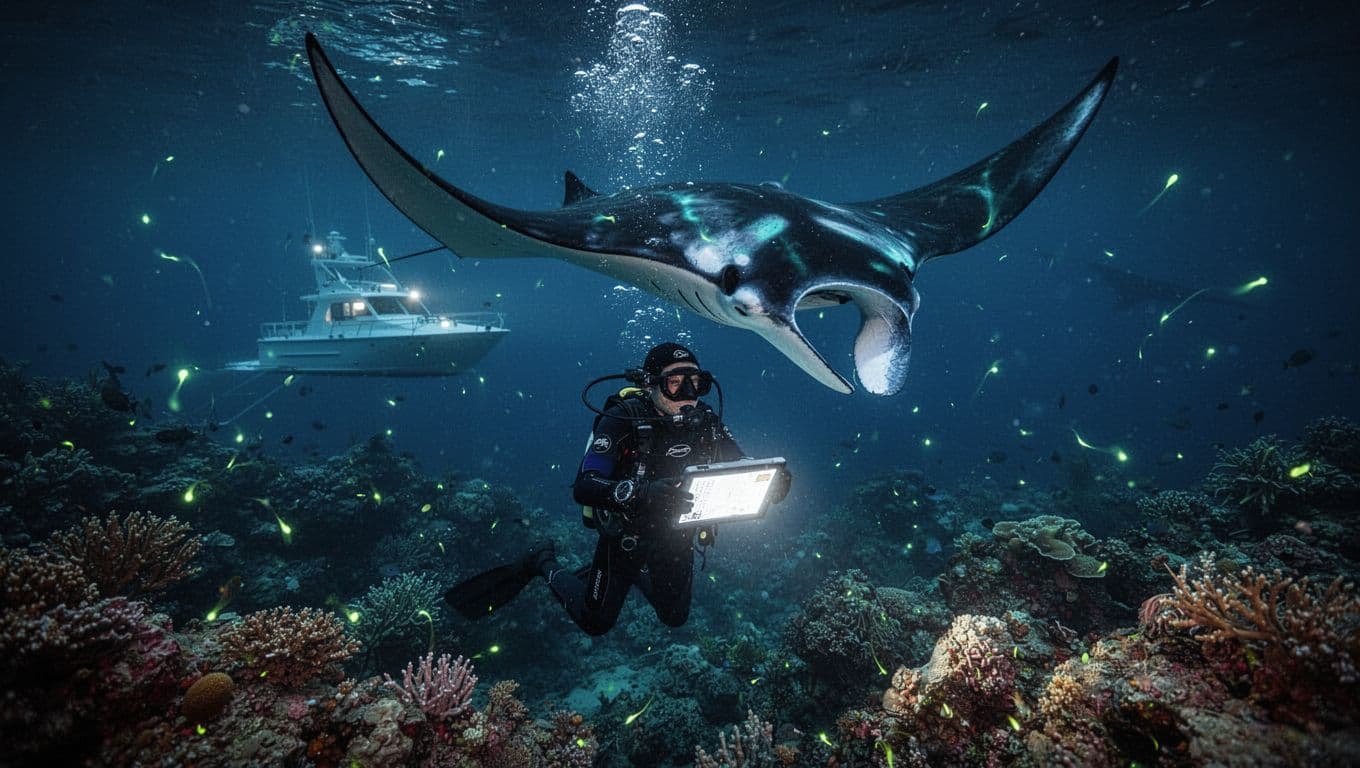 A snorkeler with mask and lighted board encounters a giant manta ray in a dramatic somersault pose during a night snorkel off the Kona coast, illuminated by boat lights with glowing plankton and coral reef below.