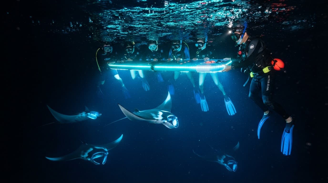 Snorkelers hold a glowing board as manta rays swim through blue-lit water.