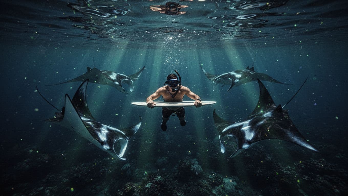 A snorkeler floats on the surface at night off Kona coast, watching three manta rays somersault in barrel rolls below in illuminated plankton-rich waters.