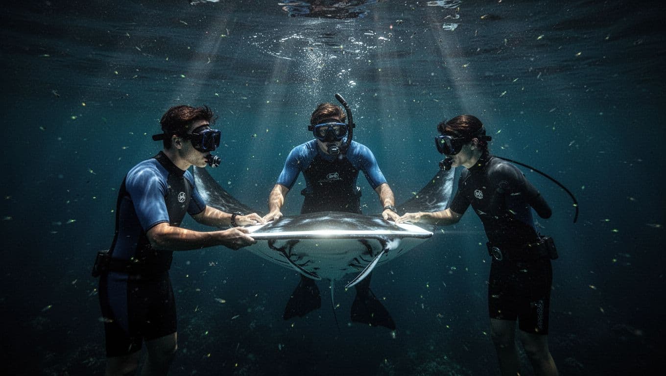 Snorkeler in shorty wetsuit holds lighted board as giant manta ray somersaults below in dark ocean with glowing plankton beams.