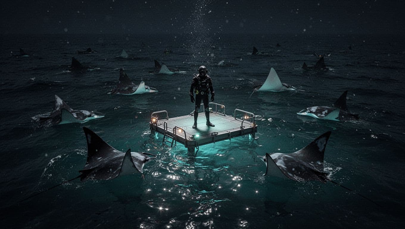 A diver floats on a glowing board above manta rays in dark ocean water.
