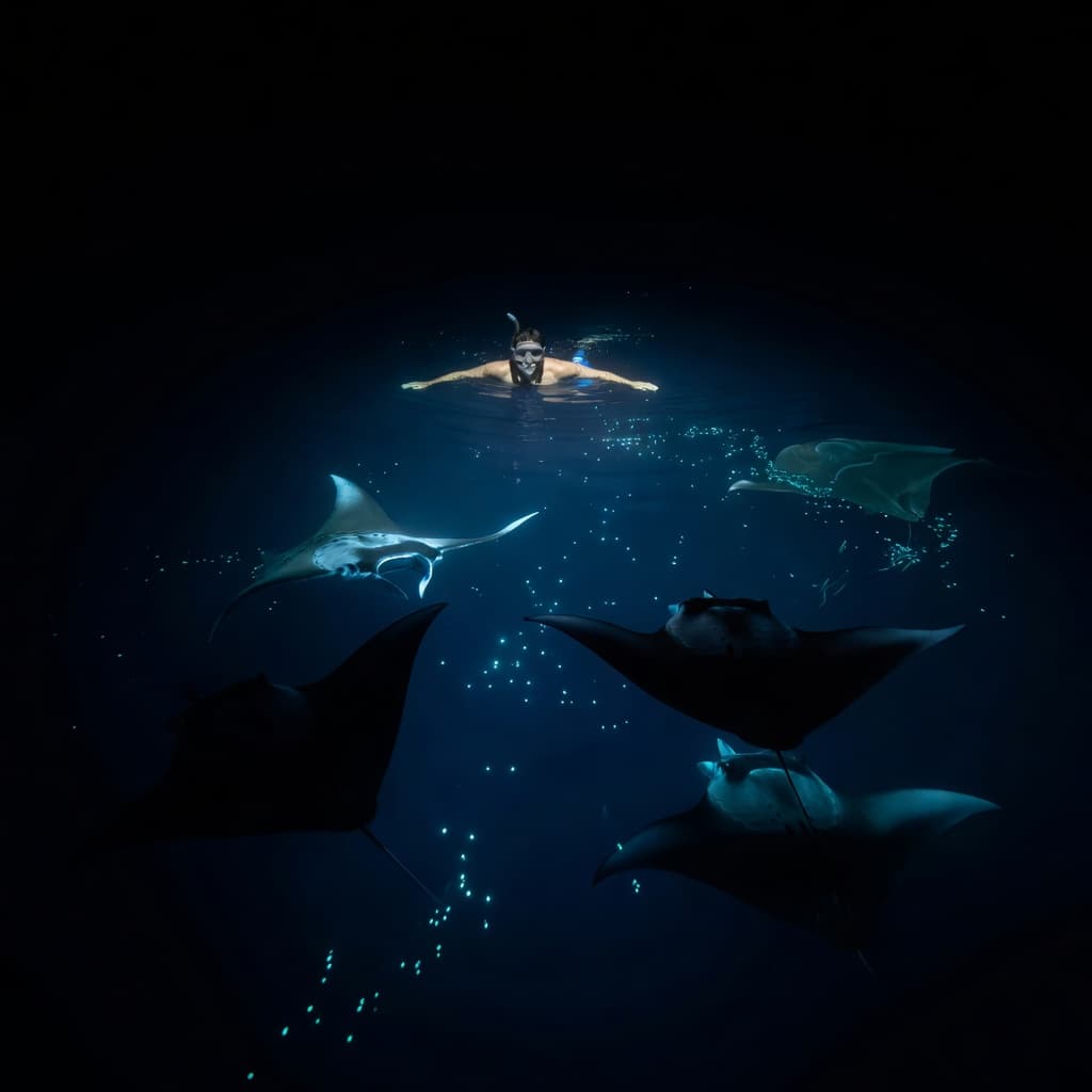 A lone snorkeler floats on the surface of dark ocean water while illuminated by glowing blue light. Beneath the swimmer, massive manta rays glide through the deep, sparkling cyan abyss.