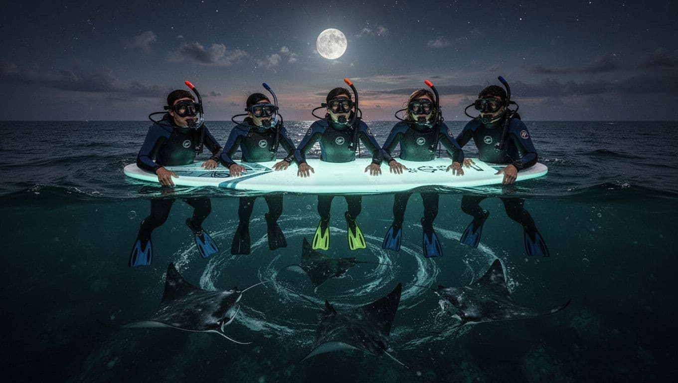 Six snorkelers grip lighted floating board as manta rays circle below in calm night ocean off Big Island Hawaii.
