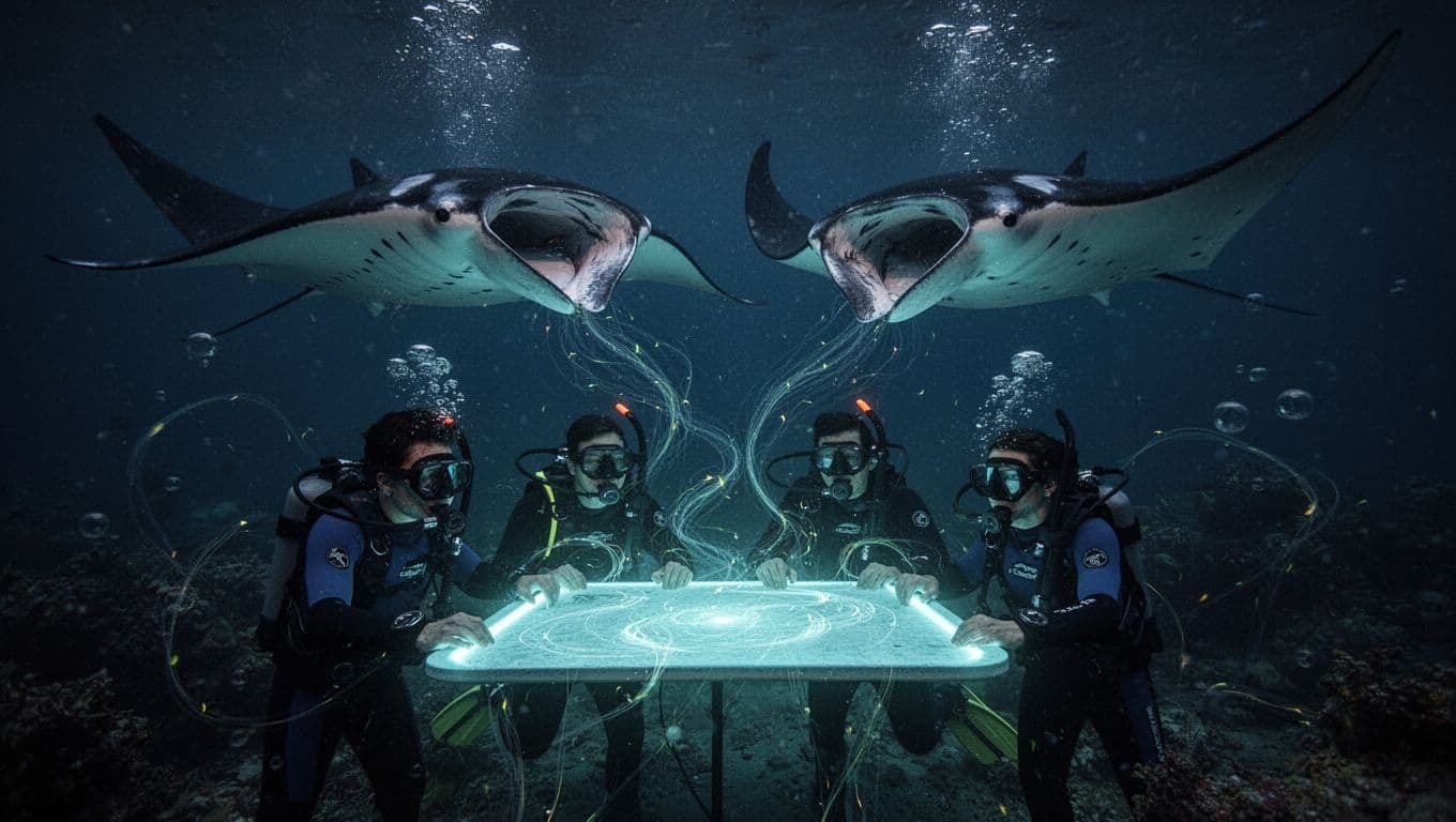 Four snorkelers grip glowing blue board as manta rays glide overhead feeding in dark ocean.