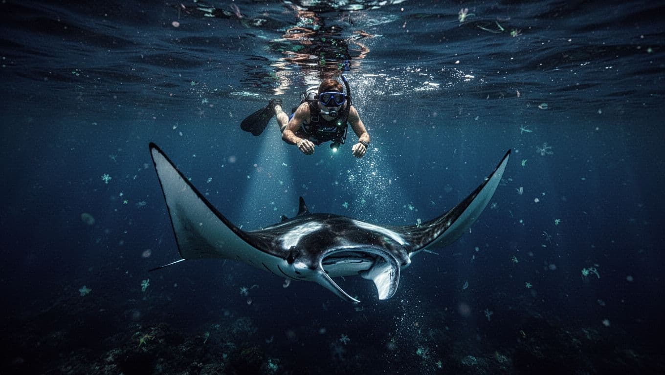 One snorkeler floats above a manta ray with fins pointed safely away.