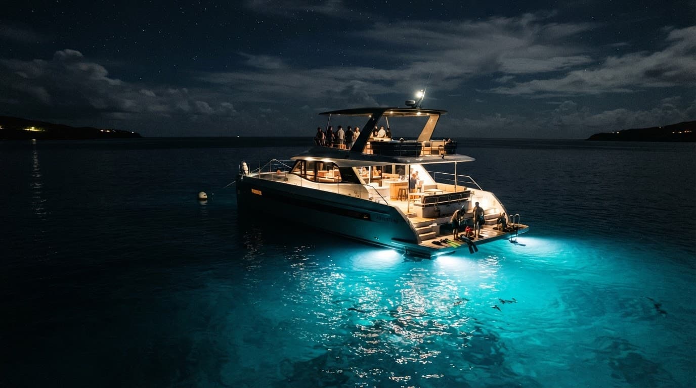 A sleek boat glowing with cyan lights on calm turquoise water at night.