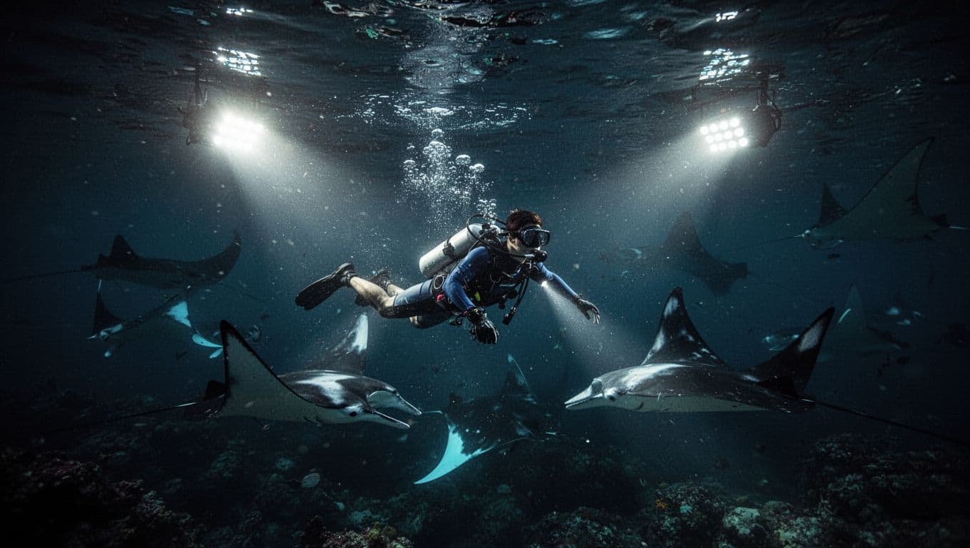 A diver floats through deep blue ocean waters illuminated by focused beams of artificial light. Graceful manta rays glide past the snorkeler as glowing cyan particles swirl throughout the dark environment.