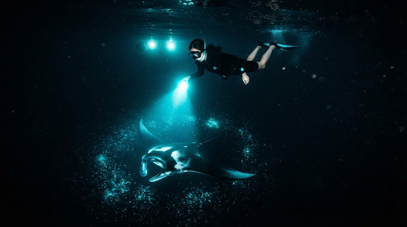 A lone snorkeler floats above glowing lights as manta rays swim in the dark ocean.