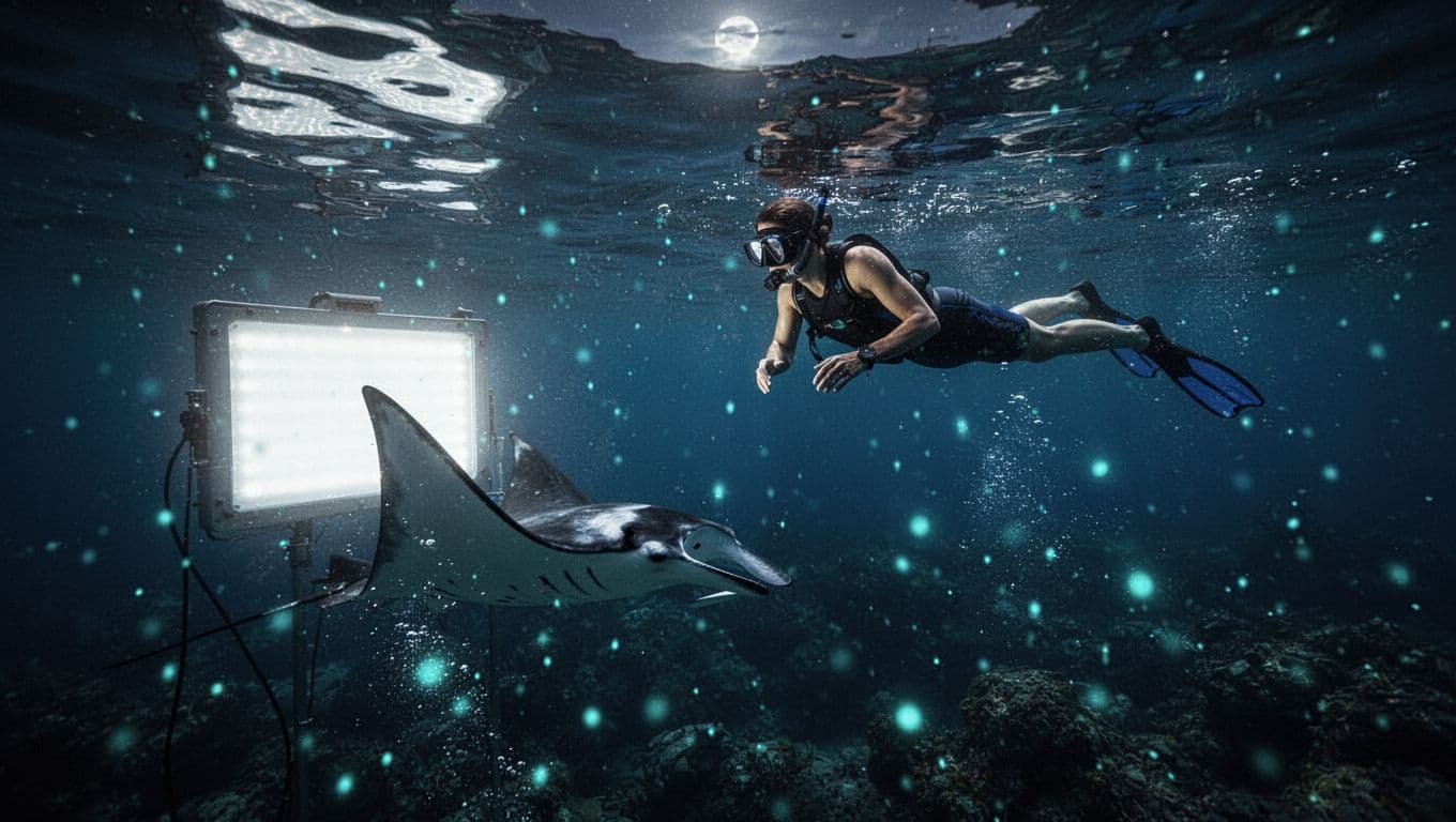 A snorkeler floats near the surface above a manta ray in dark blue water.