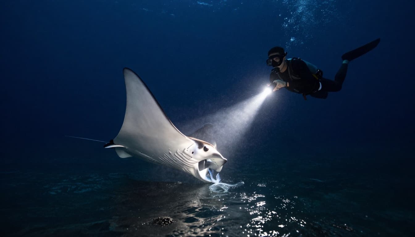 Snorkeler near surface shines flashlight on massive manta ray feeding plankton below, starry Kona sky above.