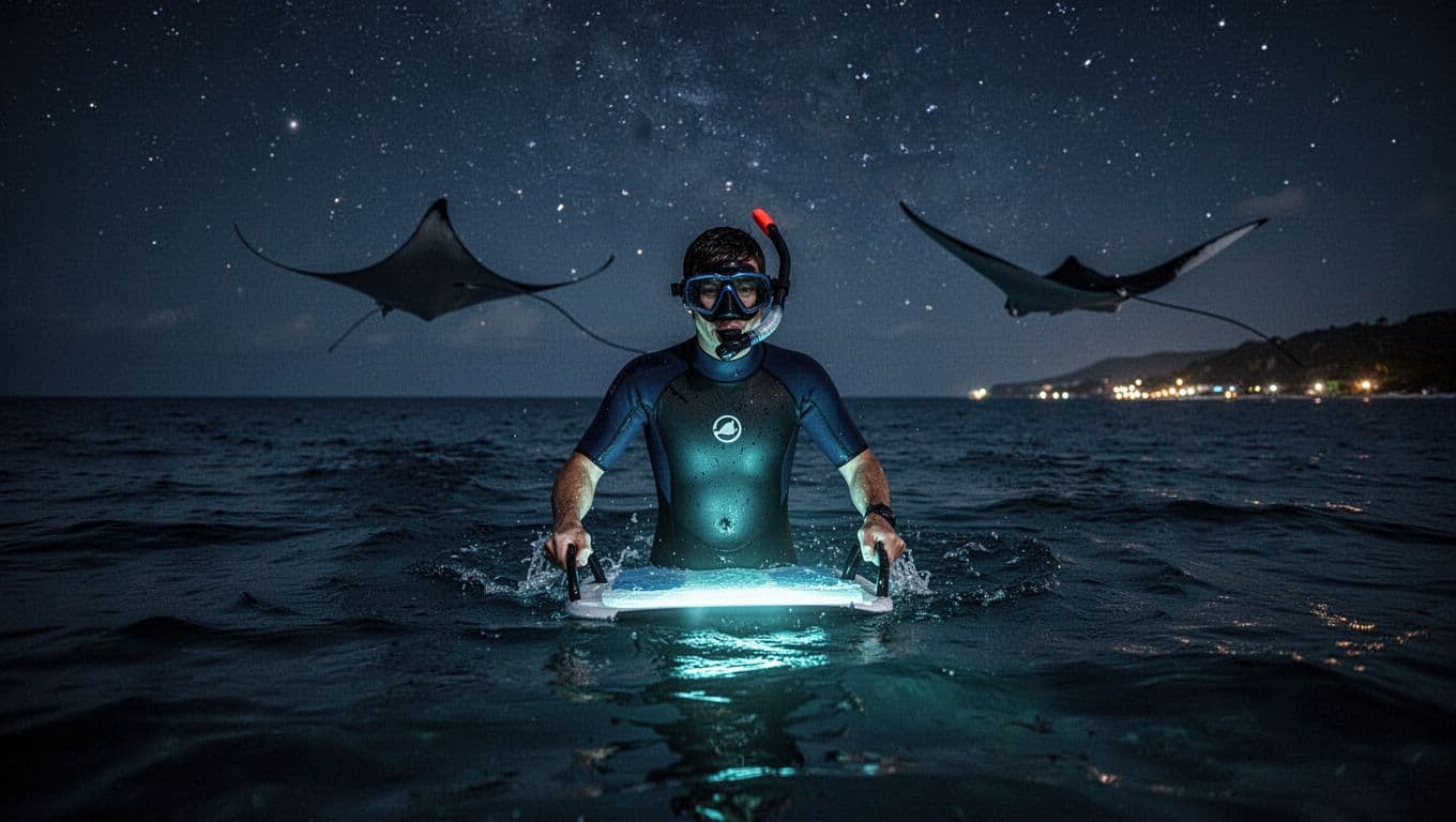 Snorkeler surfacing at night from dark ocean in traditional separate mask, snorkel, and shorty wetsuit, holding light board with manta ray silhouette below, starry sky and Kona coast lights in cinematic blue tones.