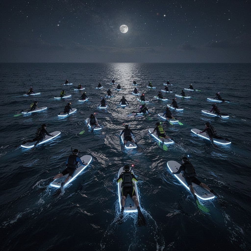 Snorkelers float on dark ocean at night holding floating boards with soft blue LED lights illuminating below.