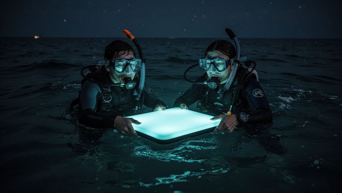 Snorkelers hold a glowing board in the dark ocean at night.
