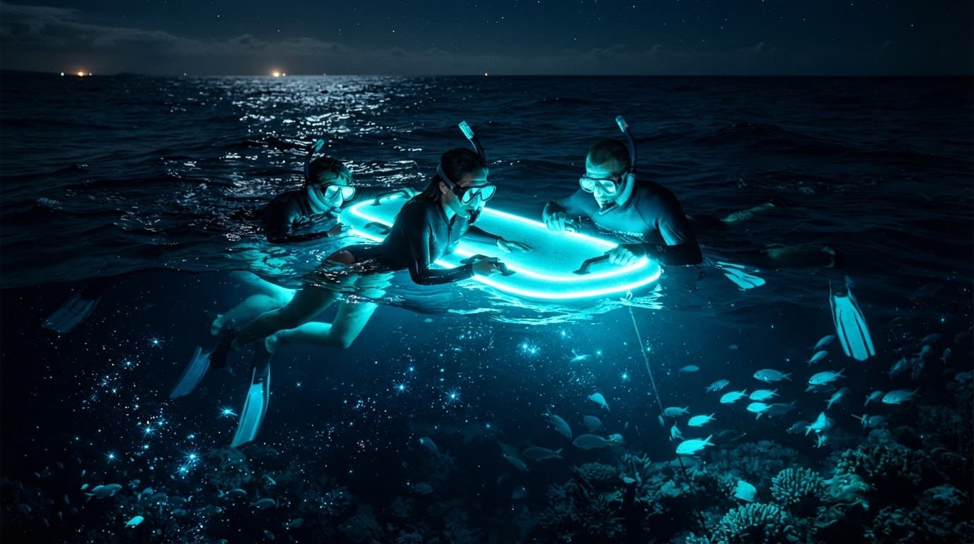Three snorkelers hold a glowing board on the ocean at night.
