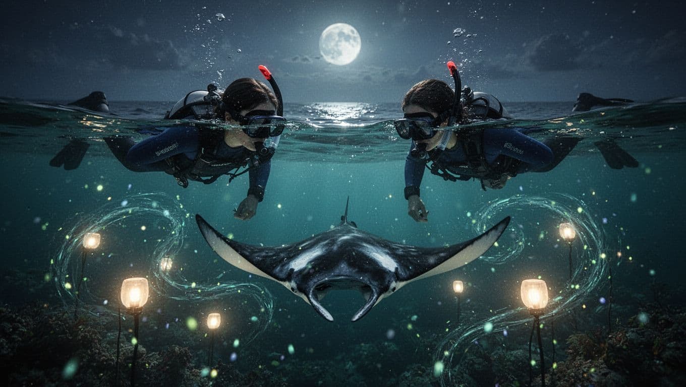 Snorkelers watch a manta ray feeding beneath glowing lights at night.