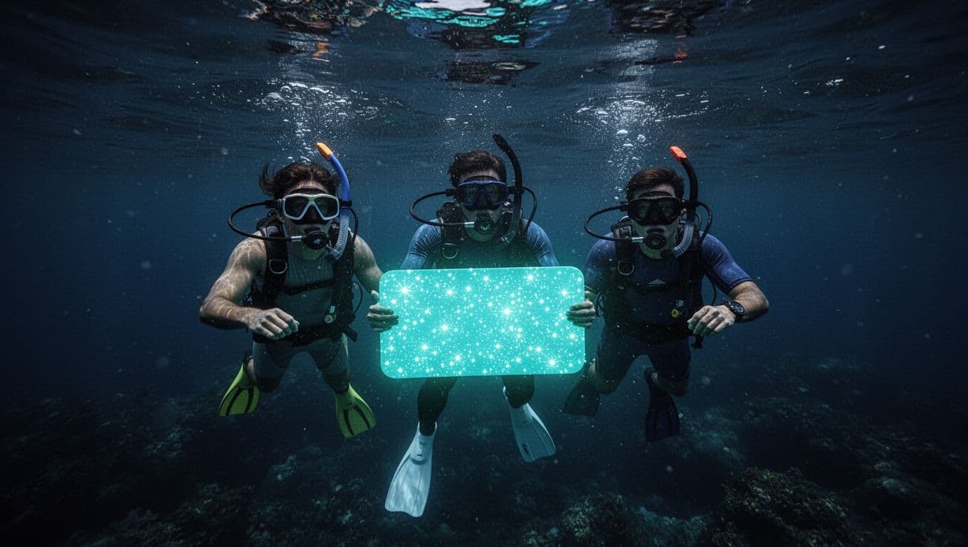 Three snorkelers hold a glowing board in dark blue ocean water at night.