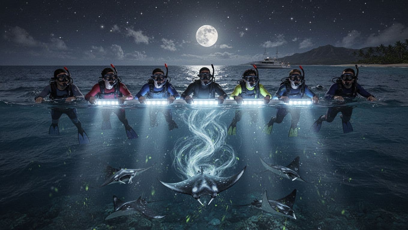 Six evenly spaced snorkelers grip glowing light board at night, beams piercing water to attract somersaulting manta rays below off Hawaii.