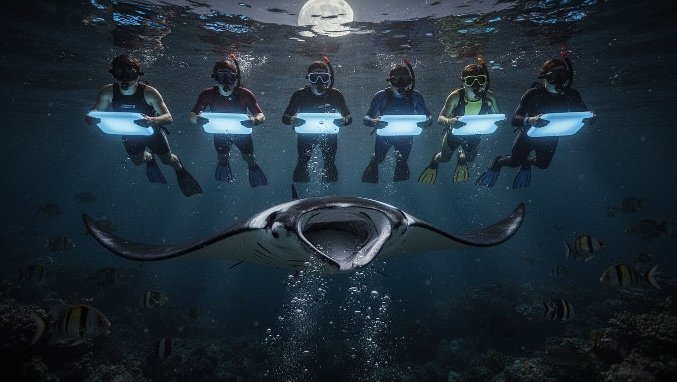 Six silhouetted snorkelers hold lighted boards at ocean surface, manta ray glides below mouth open feeding on lit plankton.
