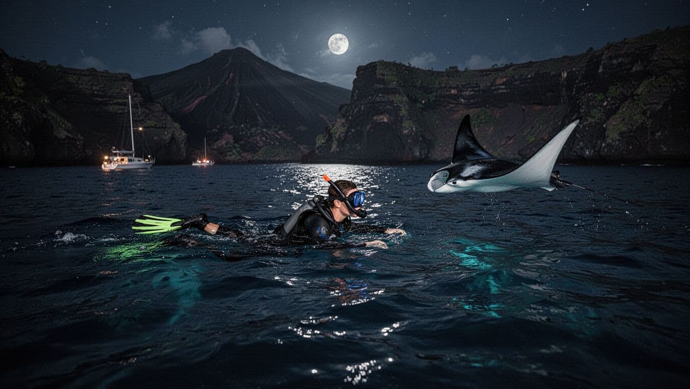 Four snorkelers lit by boat lights watch manta ray glide in dark ocean near volcanic coast.