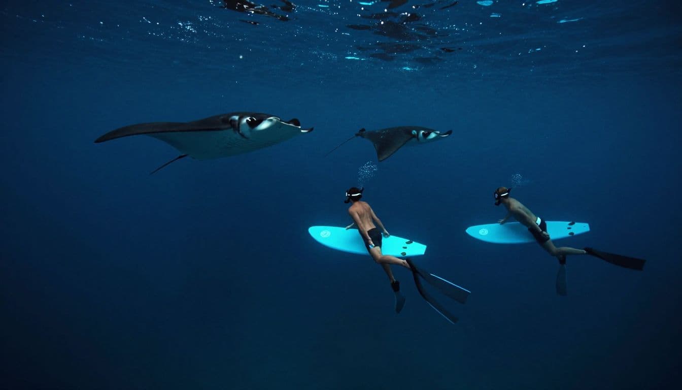 Snorkelers hold a glowing blue board above manta rays in dark Hawaiian waters.