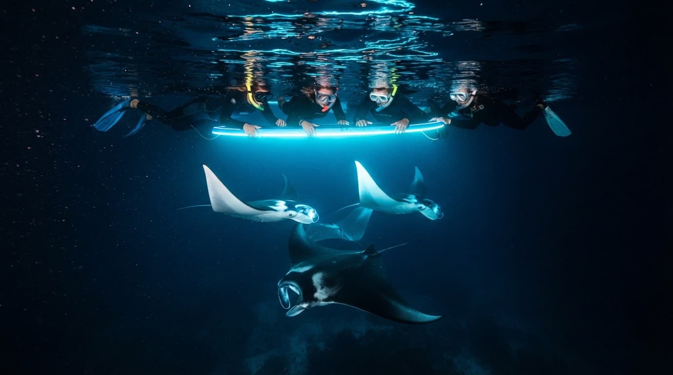 Snorkelers watch manta rays gather around a glowing blue light in deep ocean water.