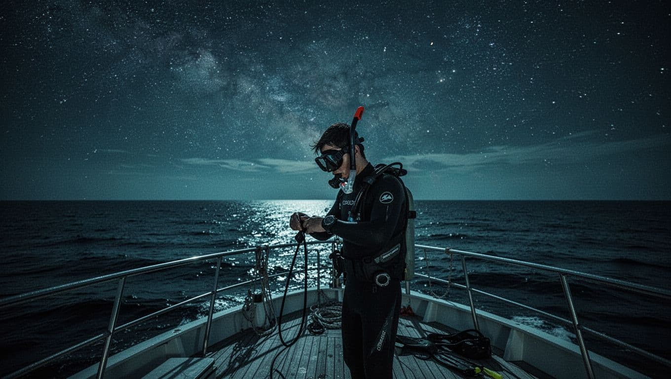 A person prepares snorkeling gear on a boat deck under a starry sky.