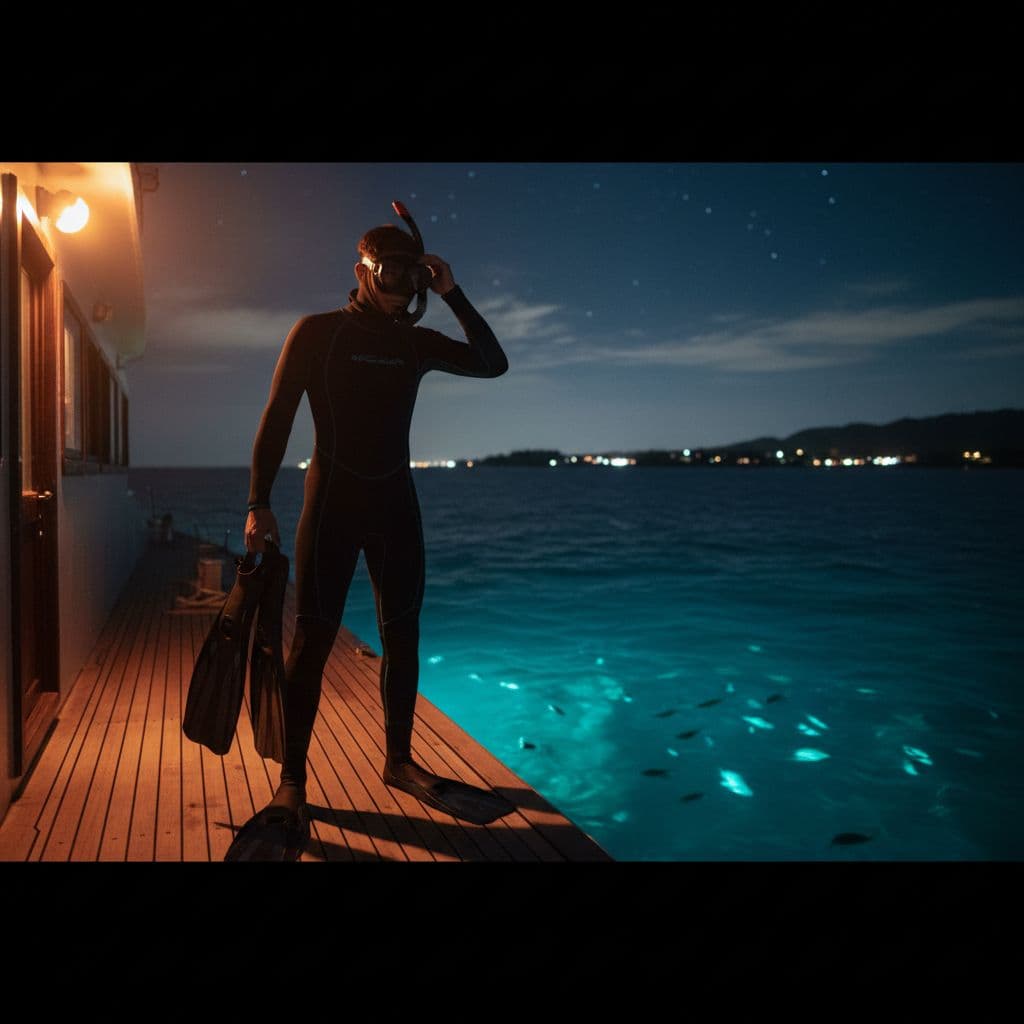 A person preparing for a night snorkeling tour on a boat, standing on a deck at night under soft lighting, wearing a form-fitting wetsuit, cinematic style with strong contrast and depth, tinted fresh cyan accents, no text, no logos.