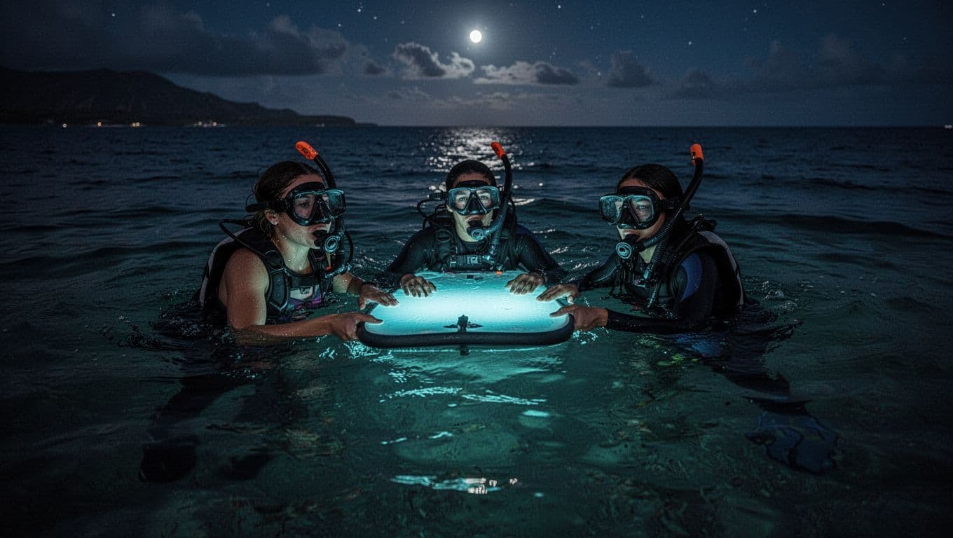 Three snorkelers hold a glowing board in dark ocean water at night.