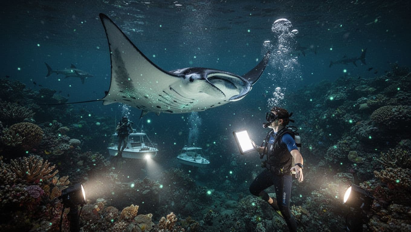 Graceful giant manta ray gliding underwater in clear Kona Pacific waters at night, illuminated by boat lights with turquoise plankton glow. Snorkeler holding light board watches in awe nearby, bubbles rising, coral reef background, cinematic dramatic lighting.