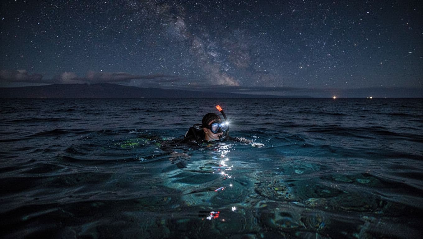 Snorkelers float on the dark ocean surface at night while glowing lights illuminate the water below.