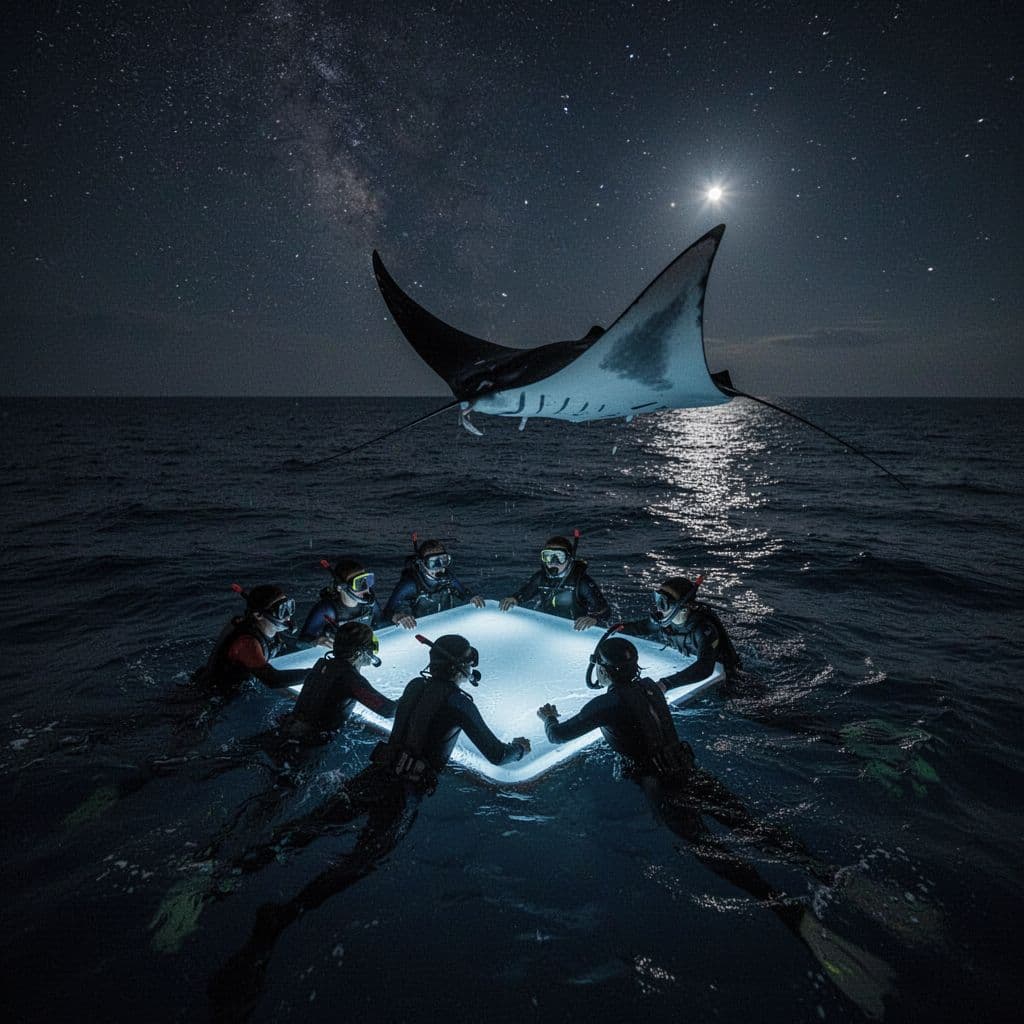 Snorkelers hold a glowing blue board while a large manta ray swims through dark water beneath them.