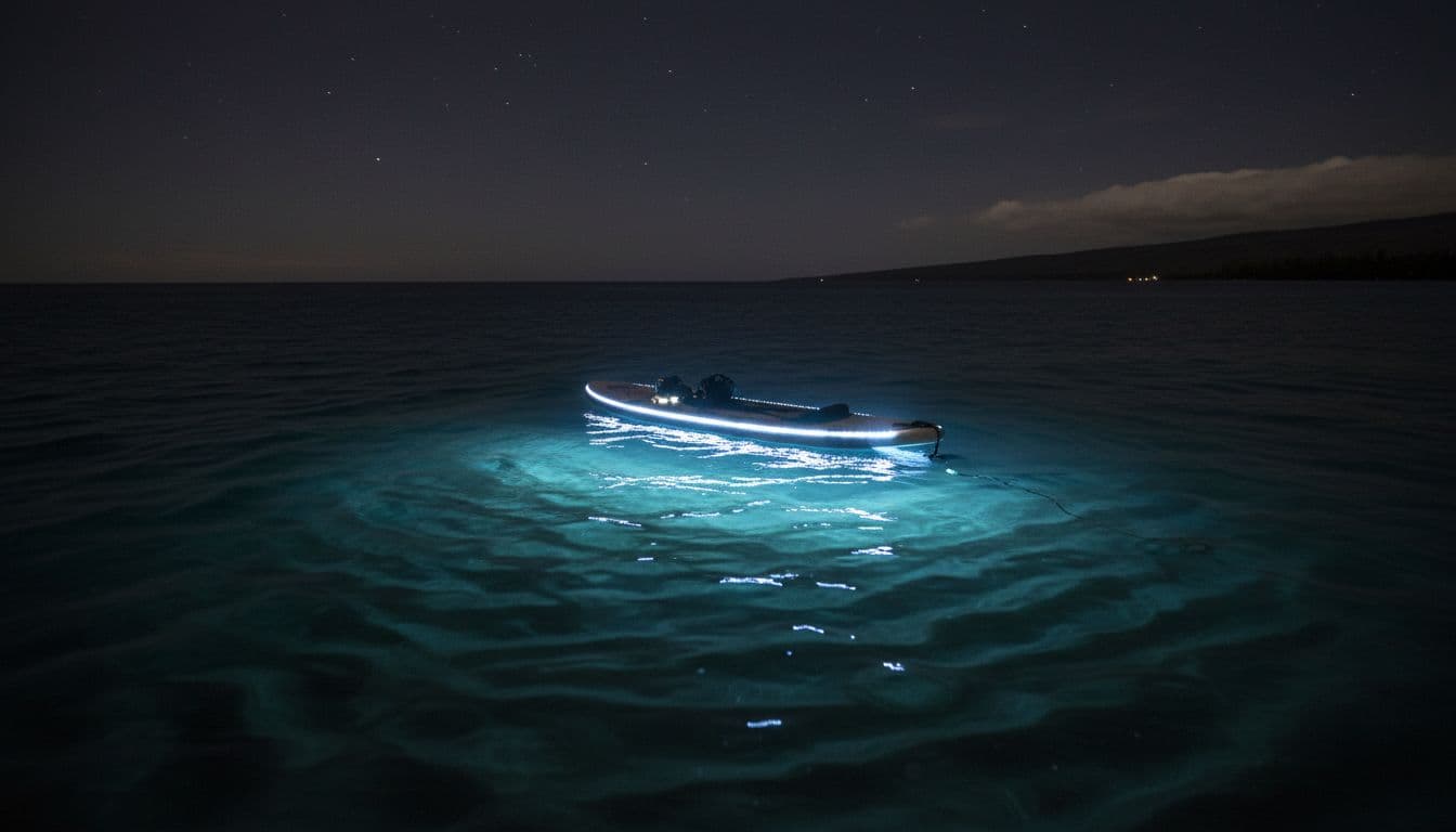 A glowing snorkel board with bright blue and white LED lights drifts on the dark ocean surface.