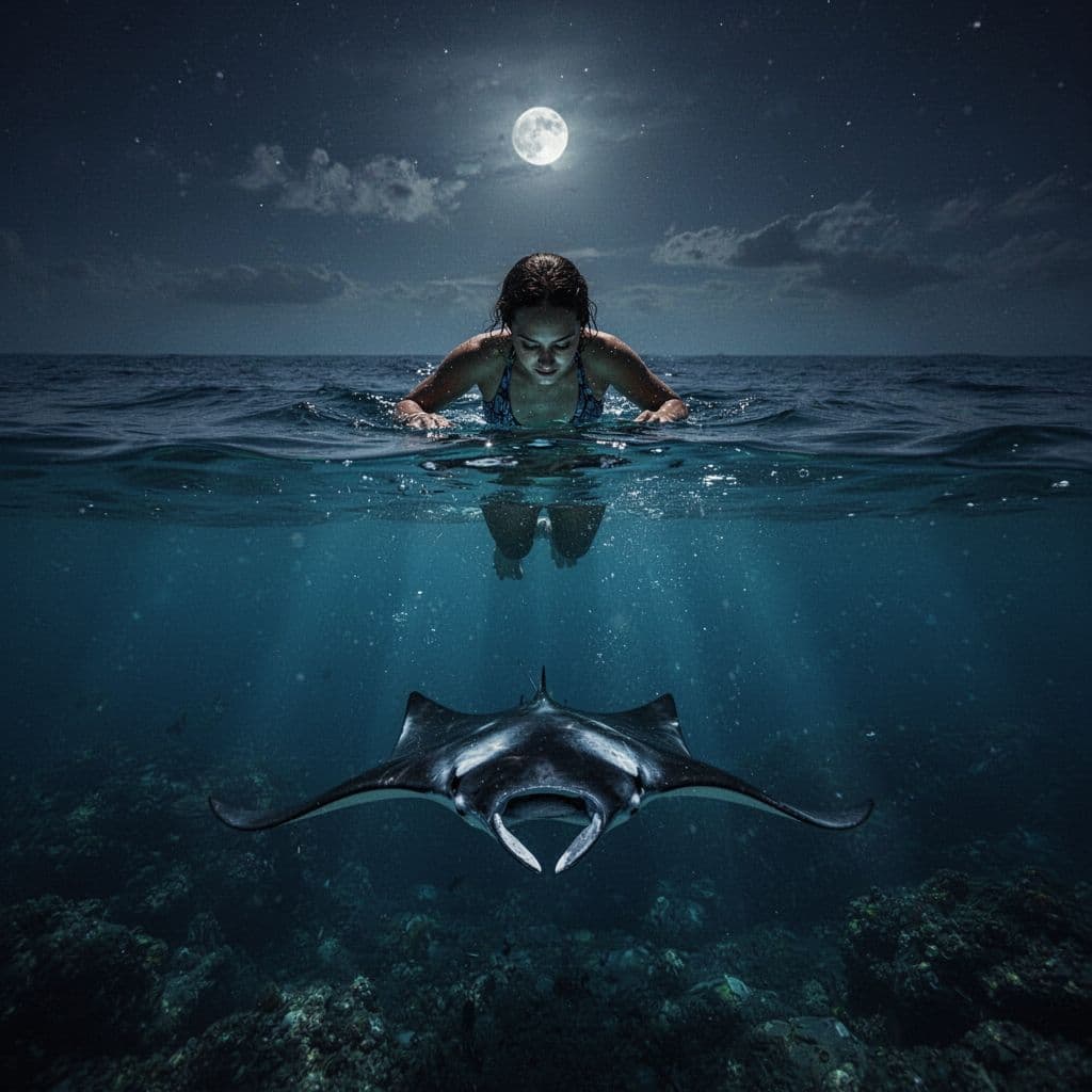 A lone snorkeler floats on the dark ocean surface as a giant manta ray glides through the depths below. Soft blue bioluminescent light highlights the creature's massive, graceful wingspan beneath them.